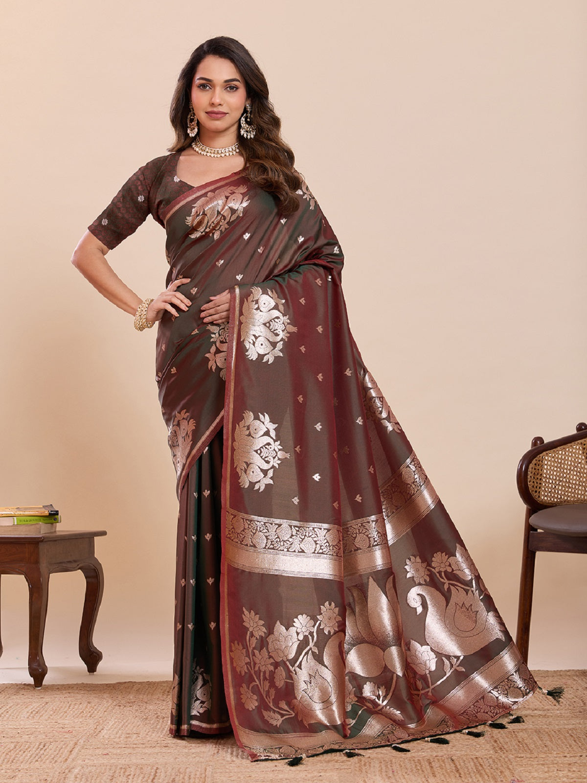 Chocolate Brown Paithani Silk wedding saree featuring intricate gold zari weaving patterns.