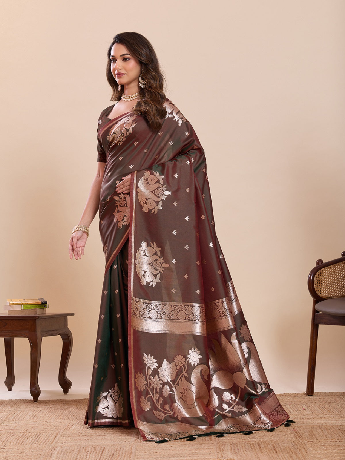 Chocolate Brown Paithani Silk Wedding Saree with Jari Weaving