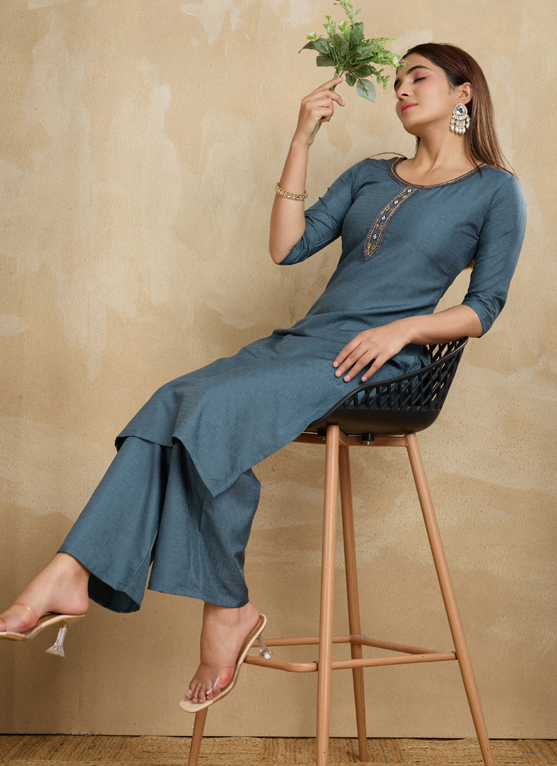 Grey Printed Cotton Blend Kurta Pant Set for Women