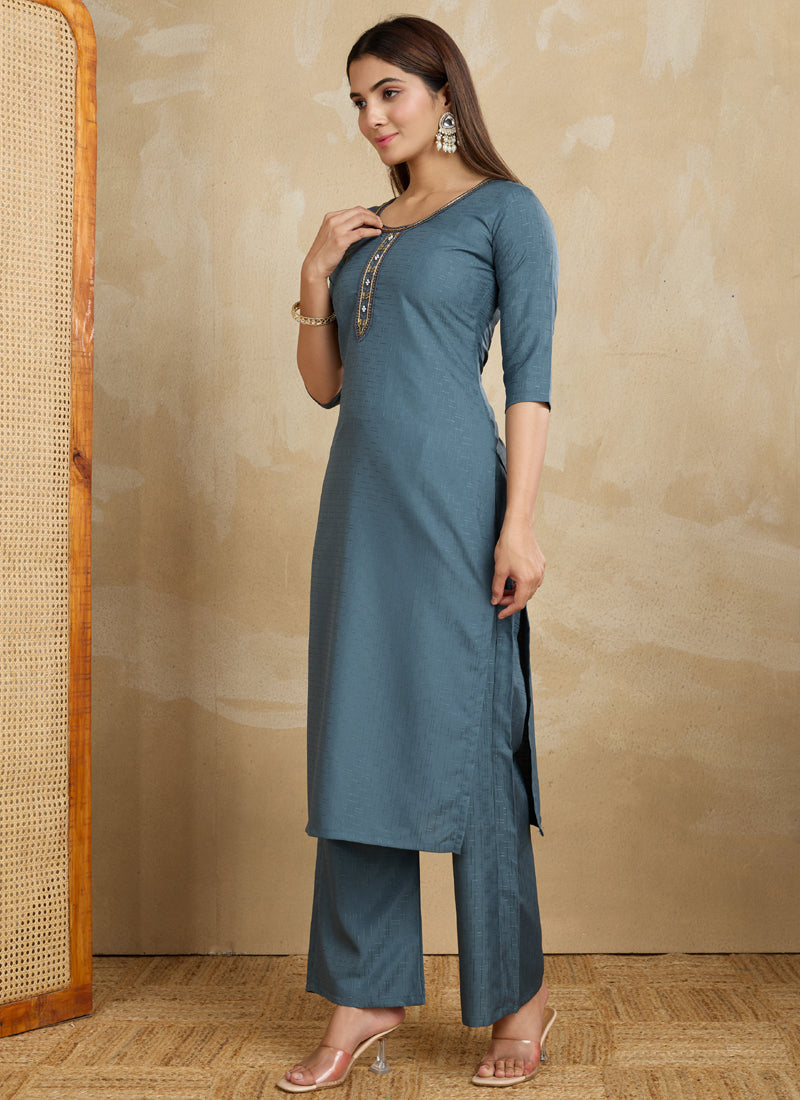 Grey Printed Cotton Blend Kurta Pant Set for Women
