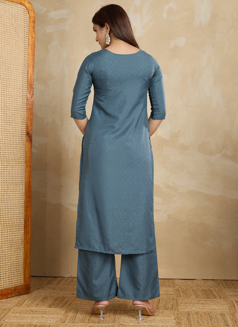 Grey Printed Cotton Blend Kurta Pant Set for Women