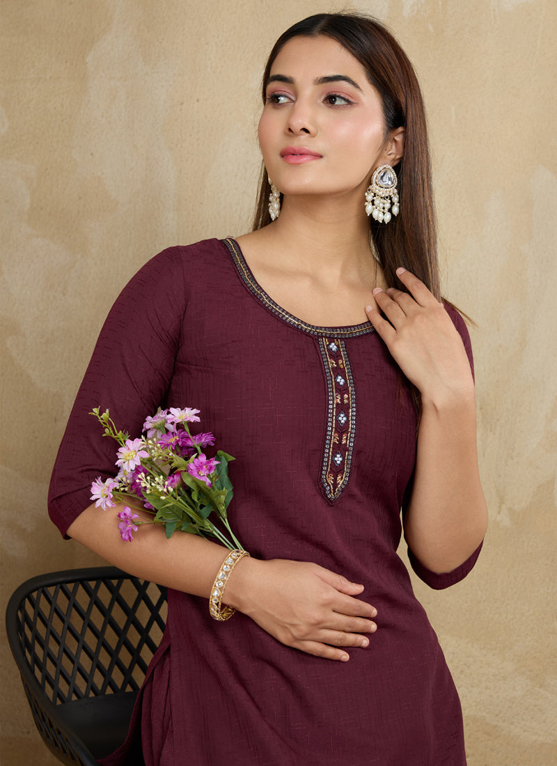 Maroon Printed Cotton Blend Kurta Pant Set for Women