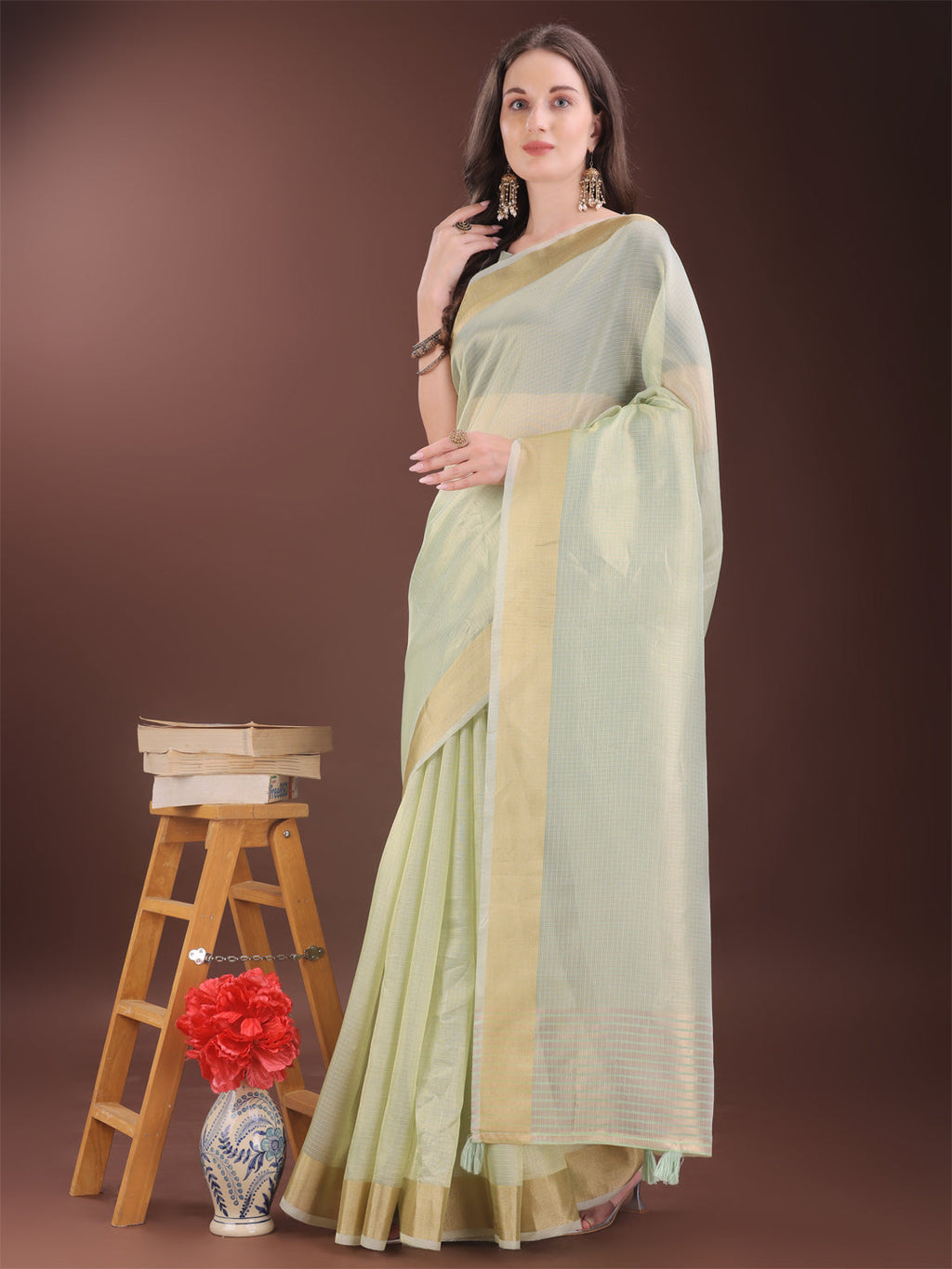 Light Green Organza Saree with Golden Zari Border
