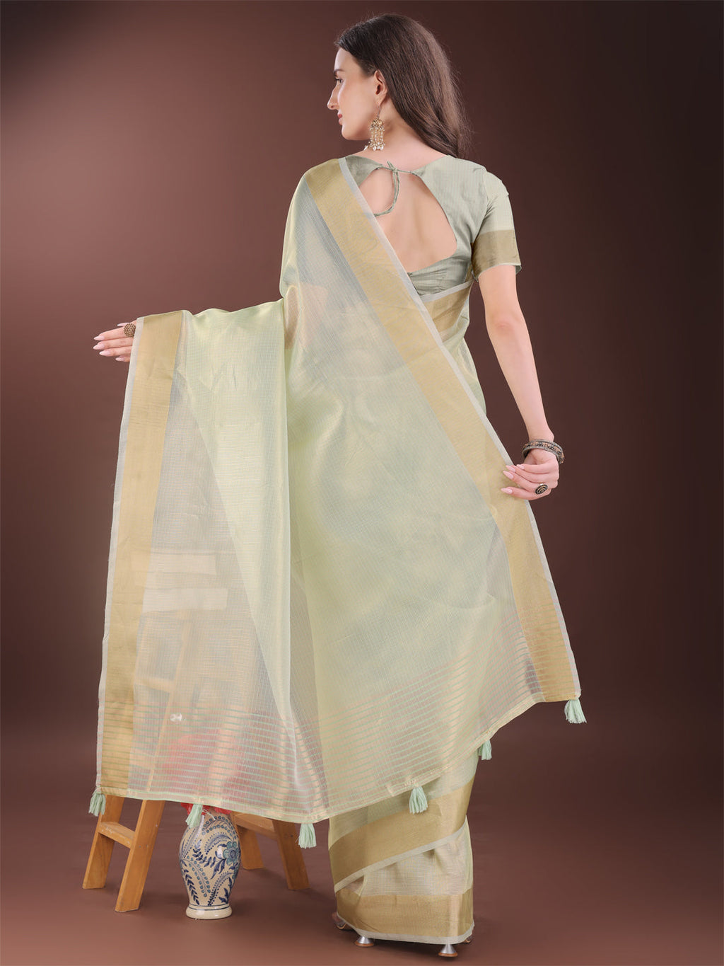 Light Green Organza Saree with Golden Zari Border