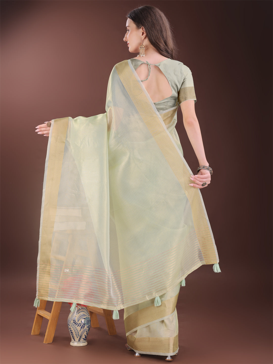 Light Green Organza Saree with Golden Zari Border
