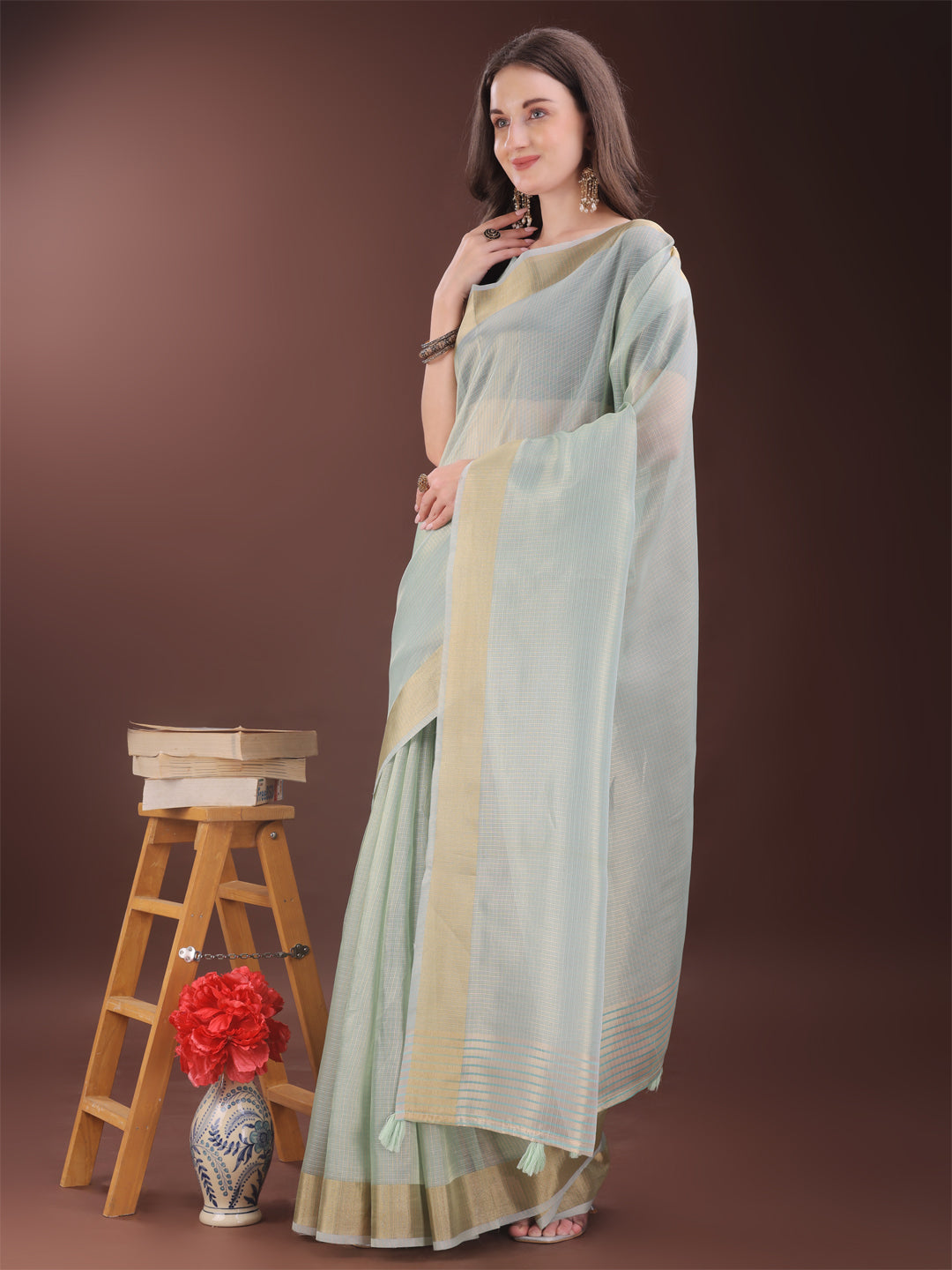 Sky Blue Organza Saree with Golden Zari Border