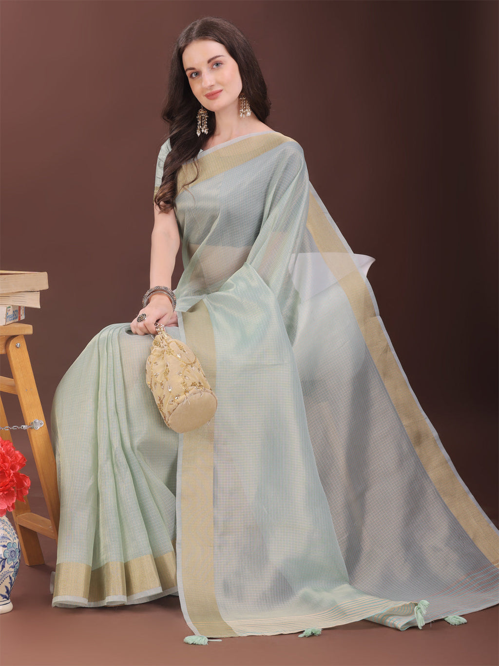 Sky Blue Organza Saree with Golden Zari Border