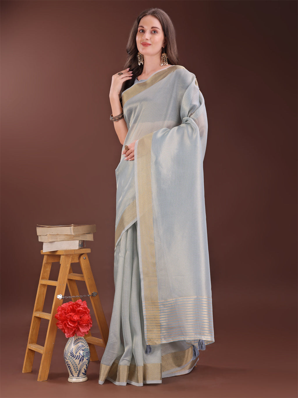Grey Organza Saree with Golden Zari Border and Blouse Piece