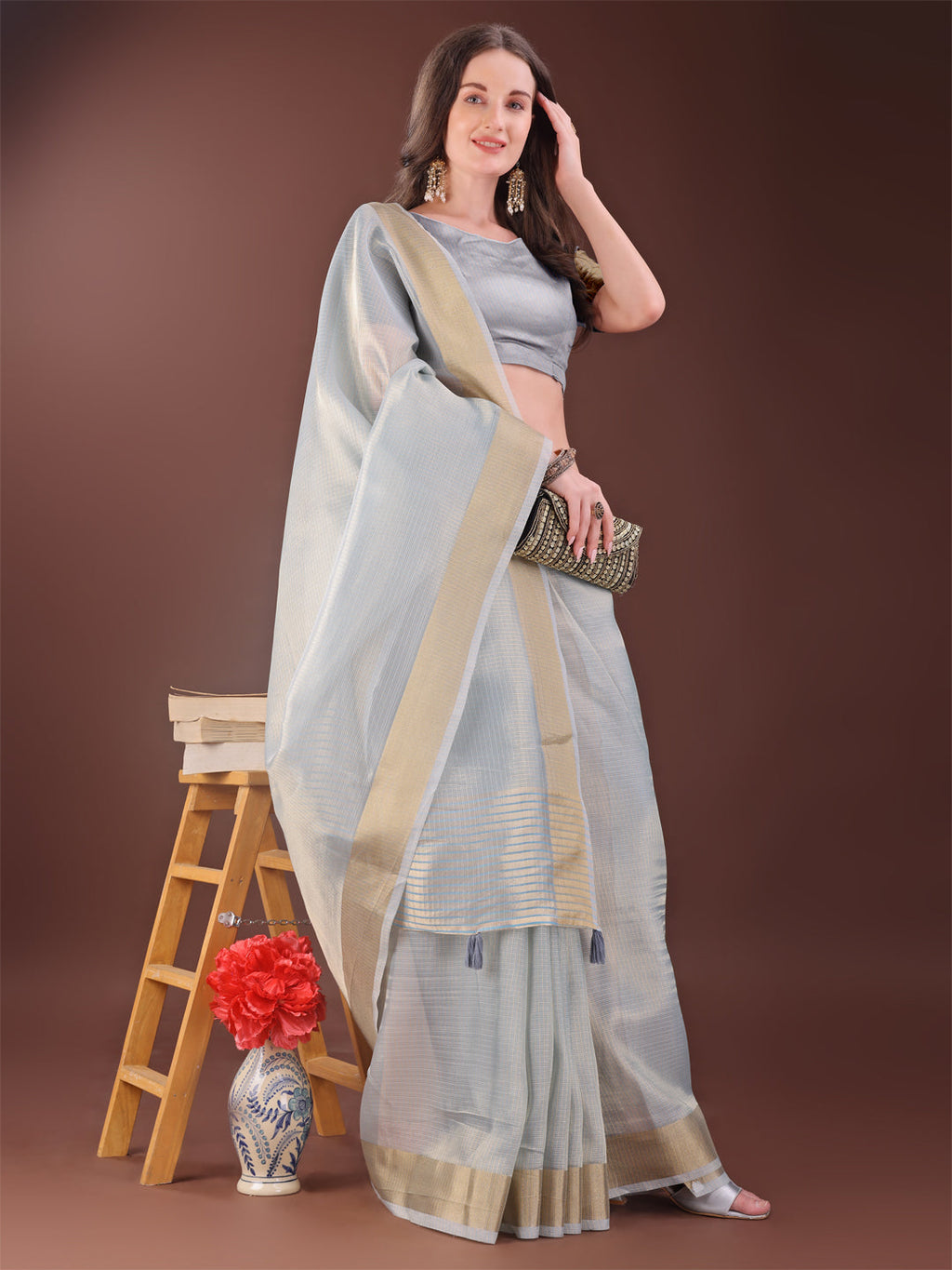 Grey Organza Saree with Golden Zari Border and Blouse Piece