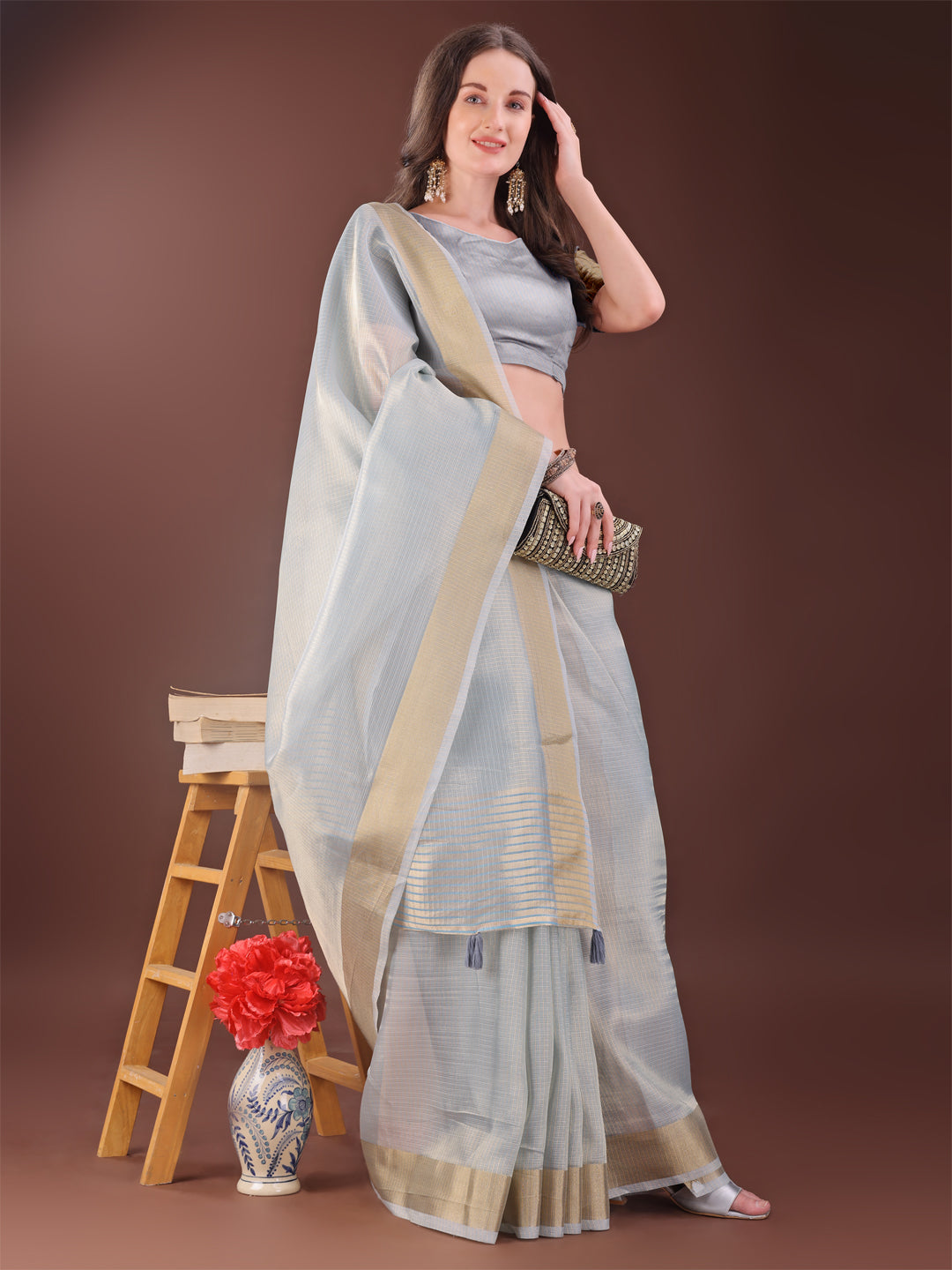 Grey Organza Saree with Golden Zari Border and Blouse Piece