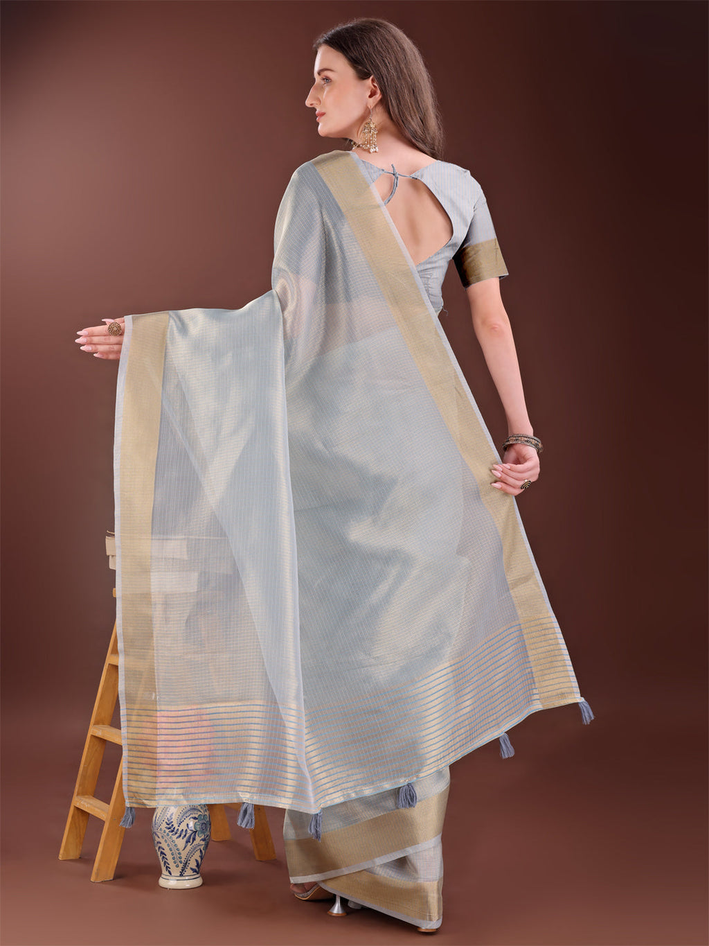 Grey Organza Saree with Golden Zari Border and Blouse Piece