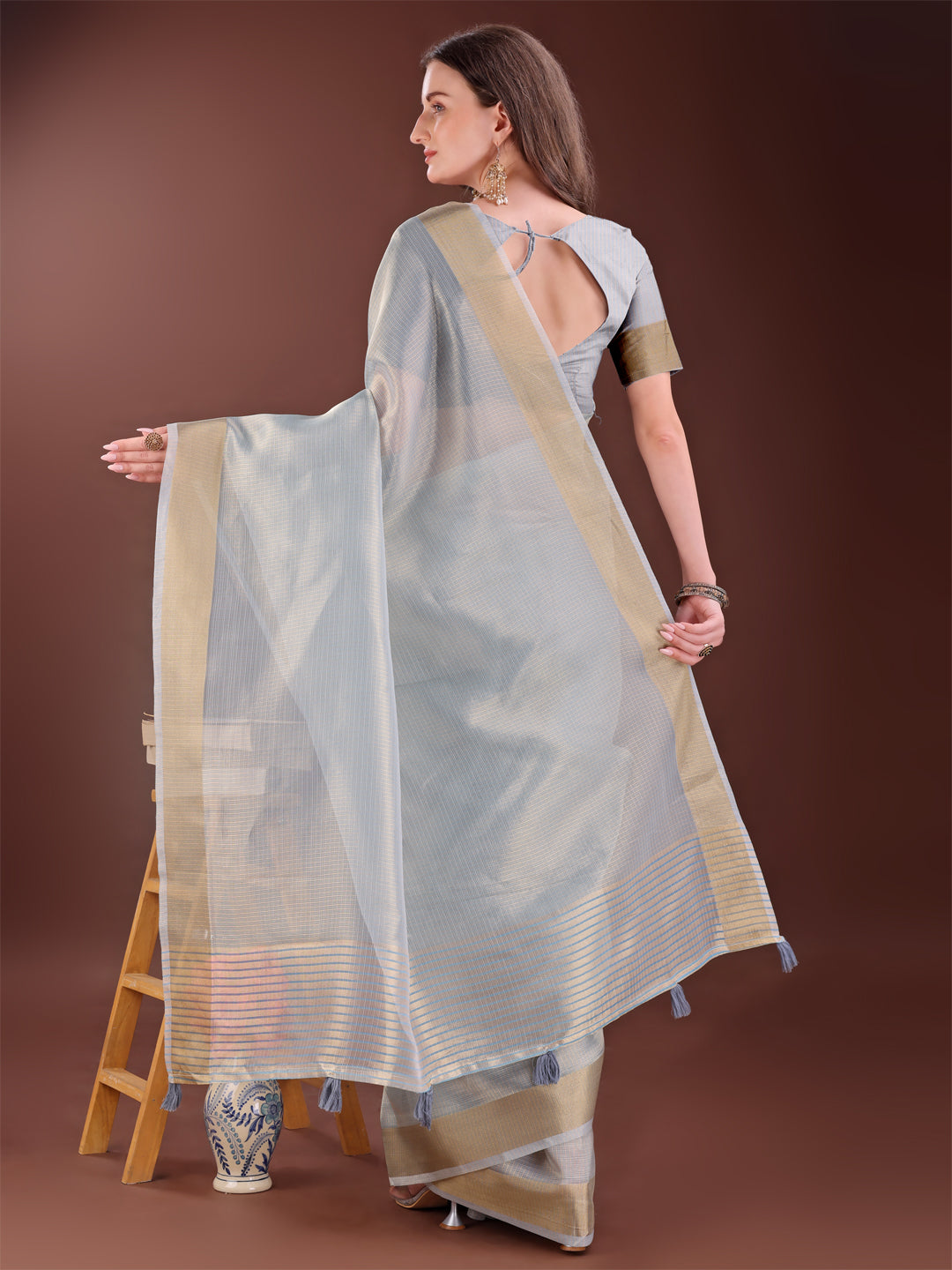 Grey Organza Saree with Golden Zari Border and Blouse Piece