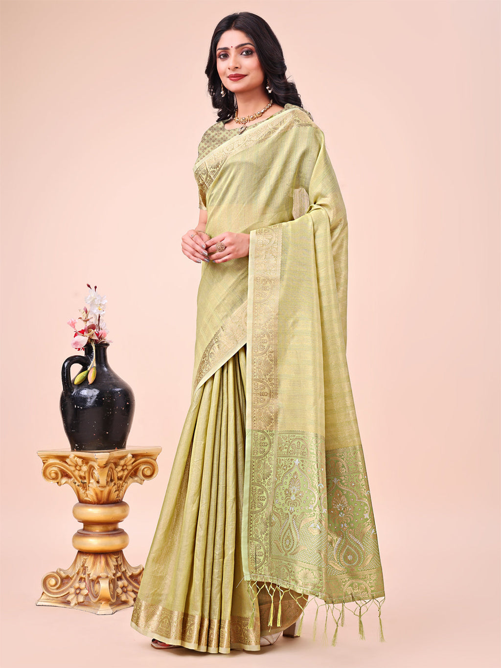 Light Green Organza Saree with Traditional Zari Border