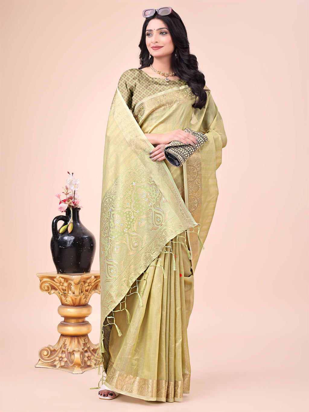 Light Green Organza Saree with Traditional Zari Border