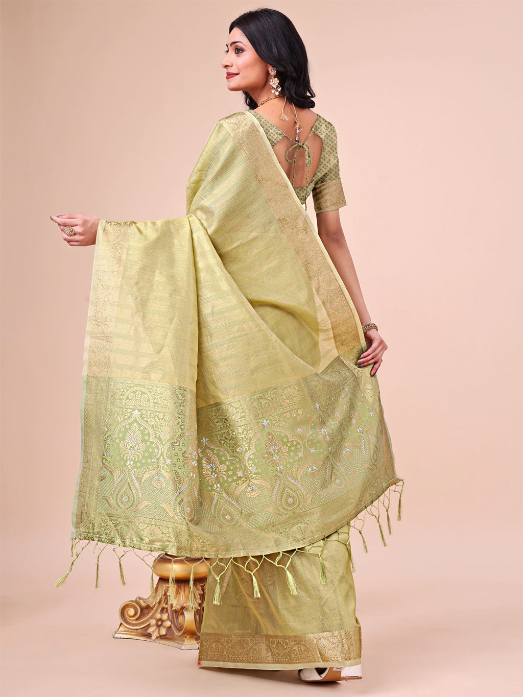 Light Green Organza Saree with Traditional Zari Border