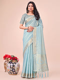 Light Blue Organza saree with intricate zari border and traditional motifs