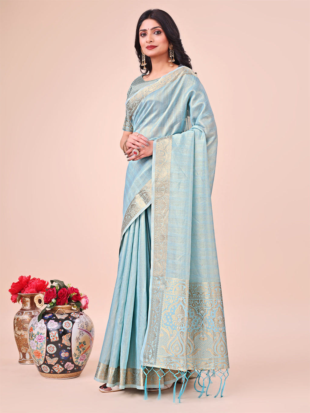 Light Blue Organza Saree with Zari Border