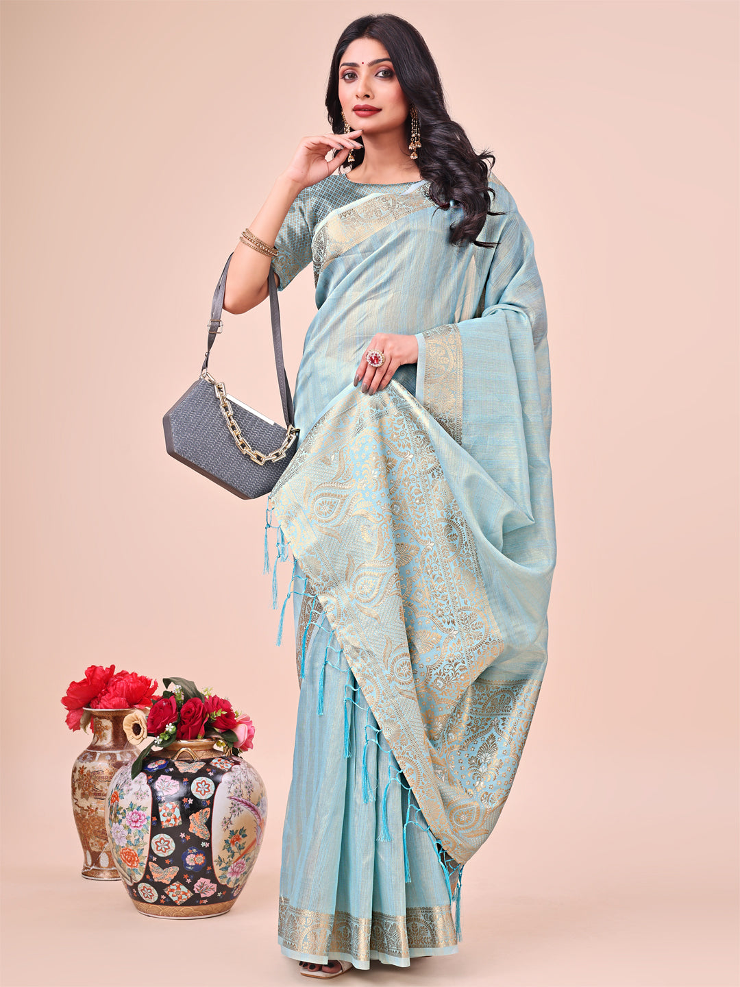 Light Blue Organza Saree with Zari Border