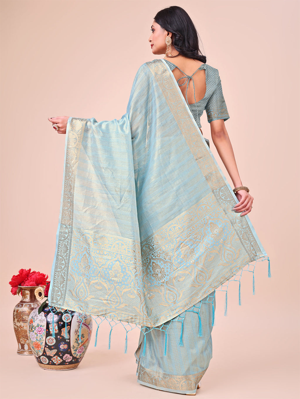 Light Blue Organza Saree with Zari Border