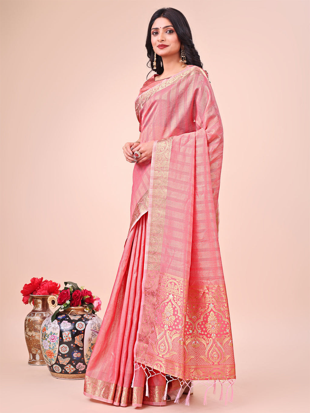 Light Peach Organza Saree with Zari Border