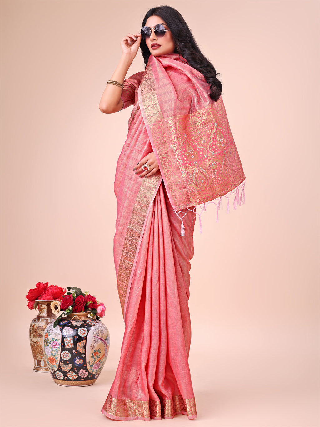 Light Peach Organza Saree with Zari Border