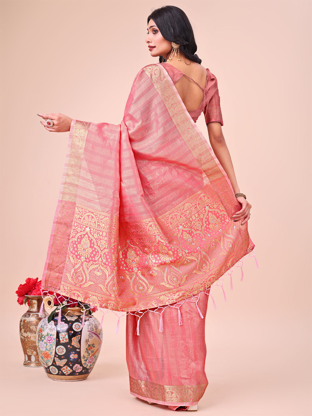 Light Peach Organza Saree with Zari Border