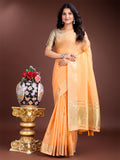 Bright Orange cotton saree with traditional zari weaving and side tassels.