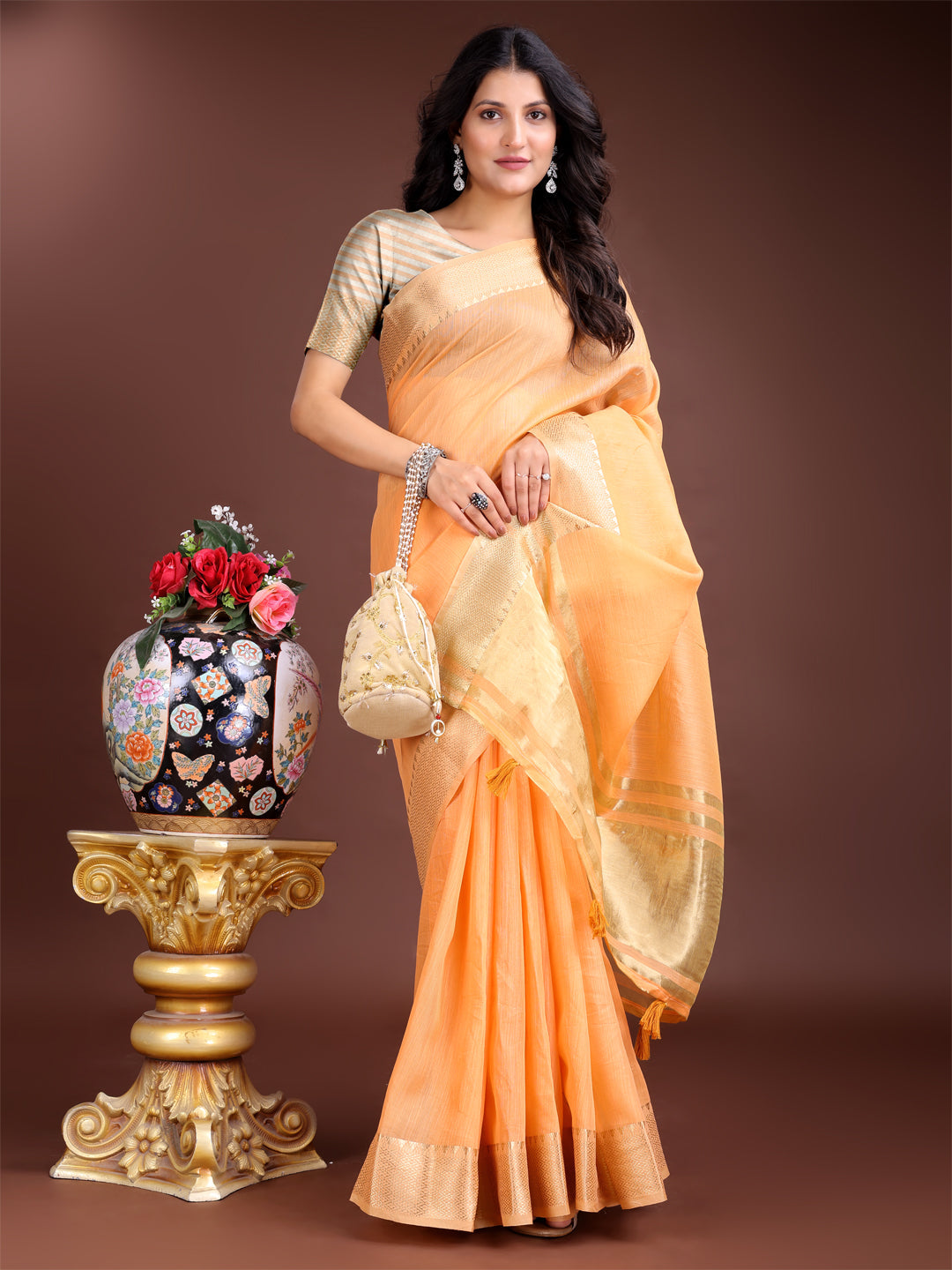 Orange Cotton Saree with Woven Zari Work and Tassels