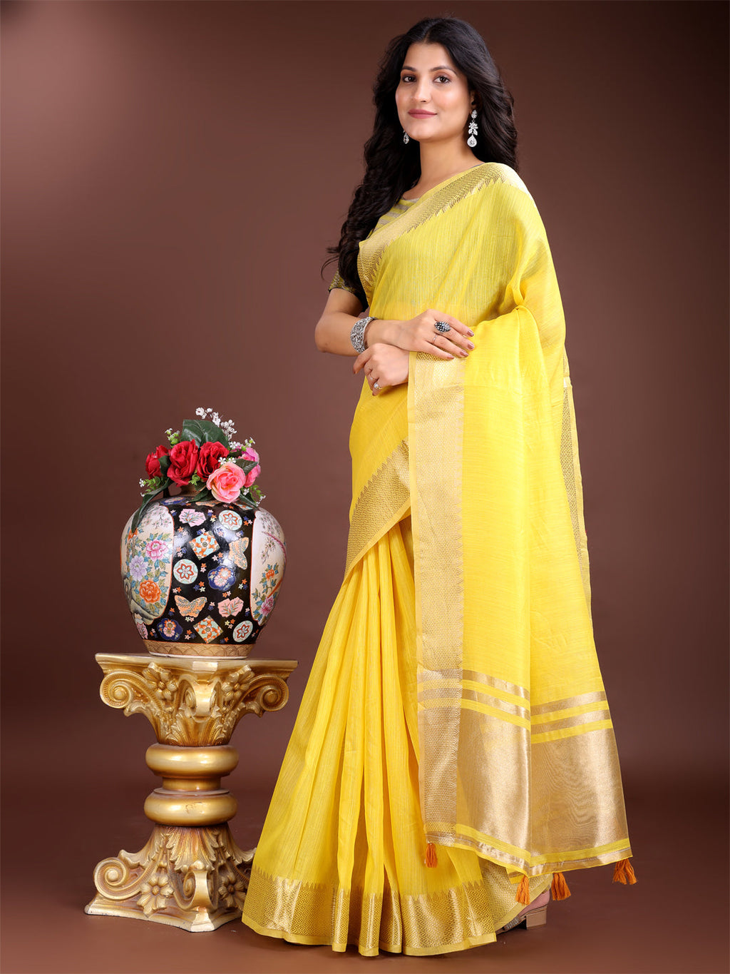 Yellow Cotton Saree with Woven Zari Work and Tassels