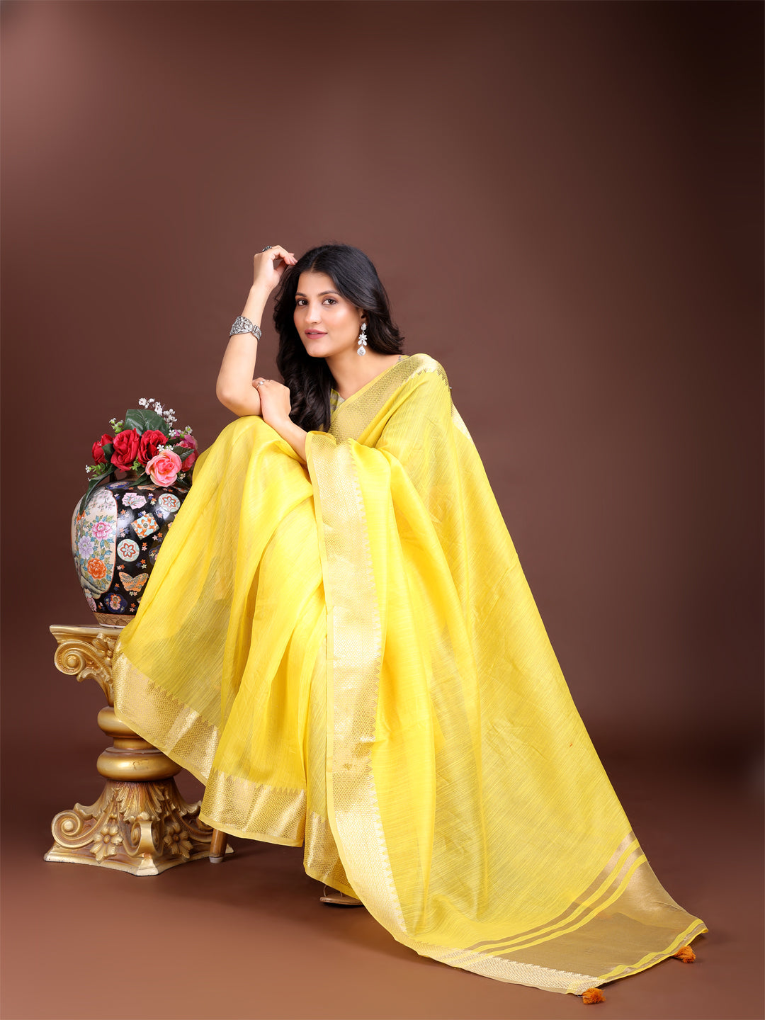 Yellow Cotton Saree with Woven Zari Work and Tassels
