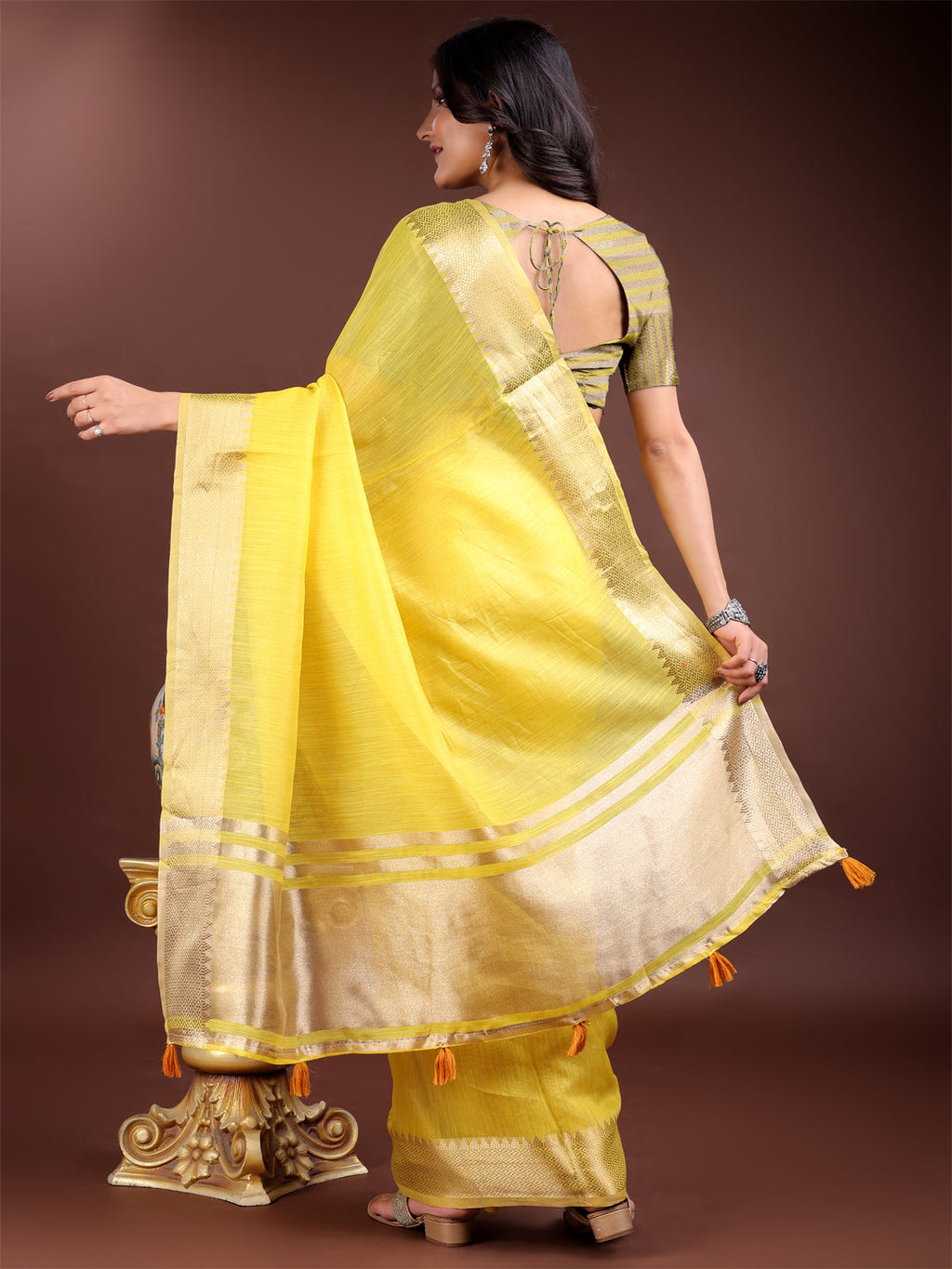 Yellow Cotton Saree with Woven Zari Work and Tassels
