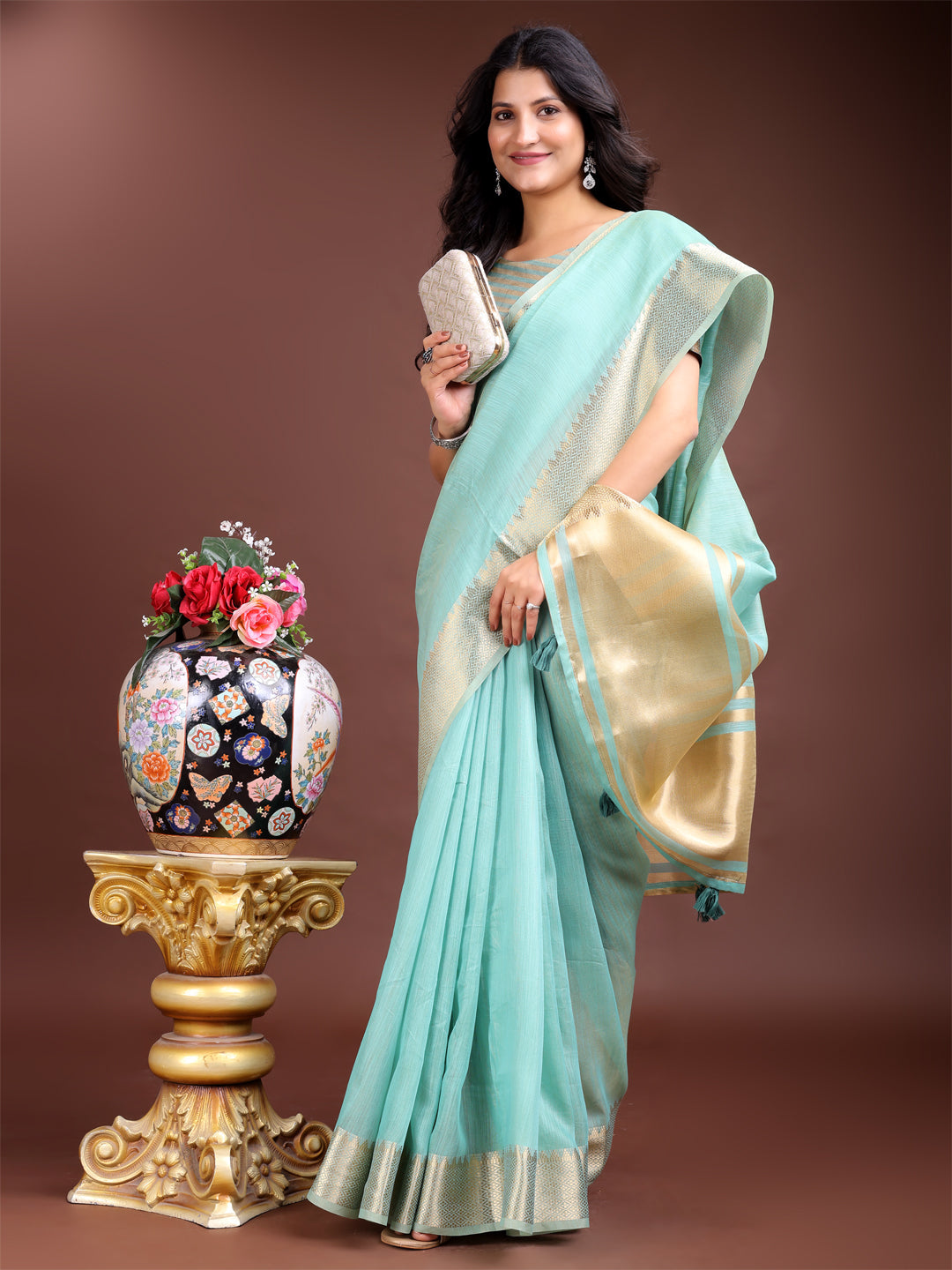 Shree Shyam Fashion Sea Green Cotton Woven Zari Work Traditional Tassel Saree