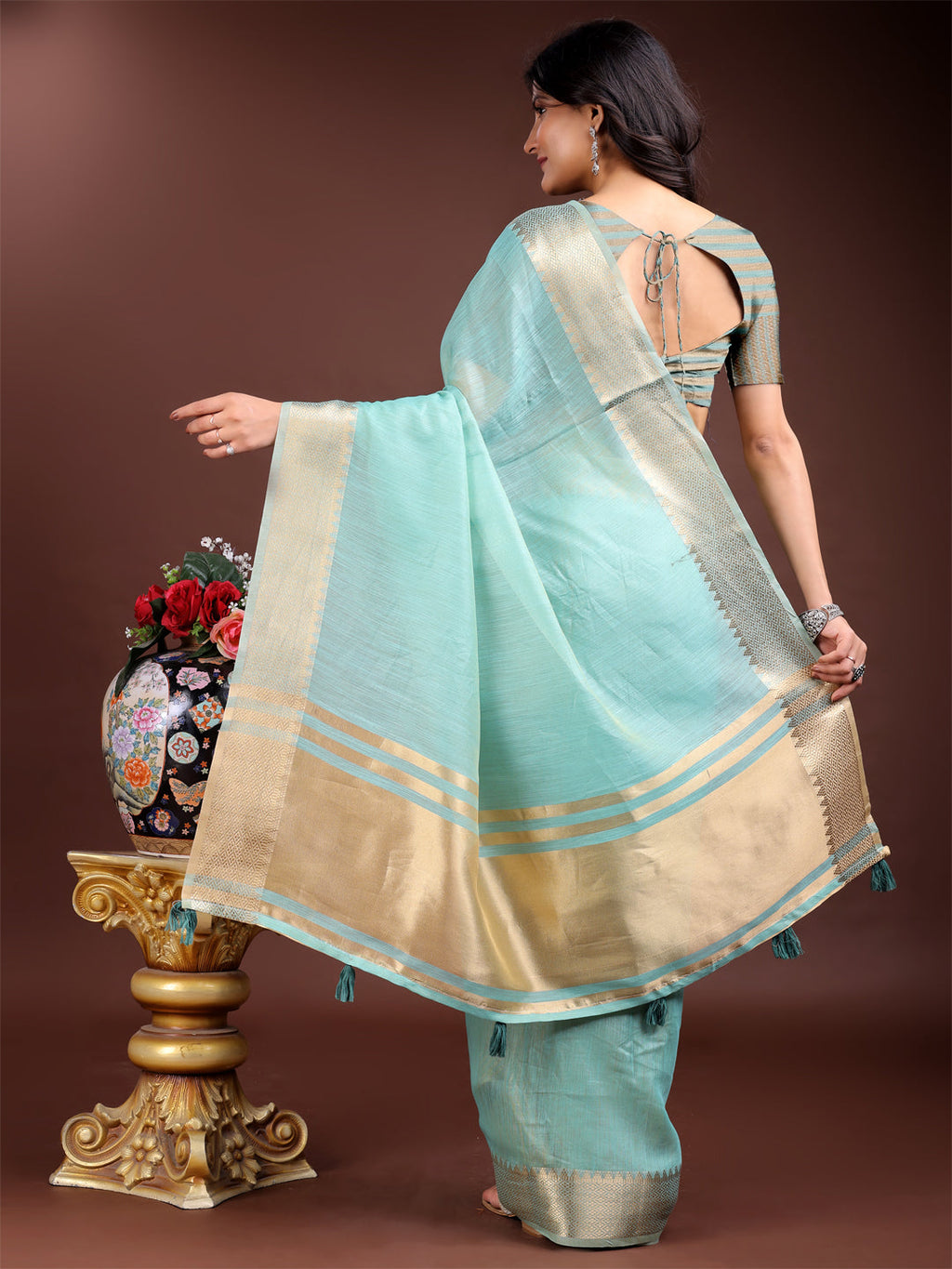 Shree Shyam Fashion Sea Green Cotton Woven Zari Work Traditional Tassel Saree