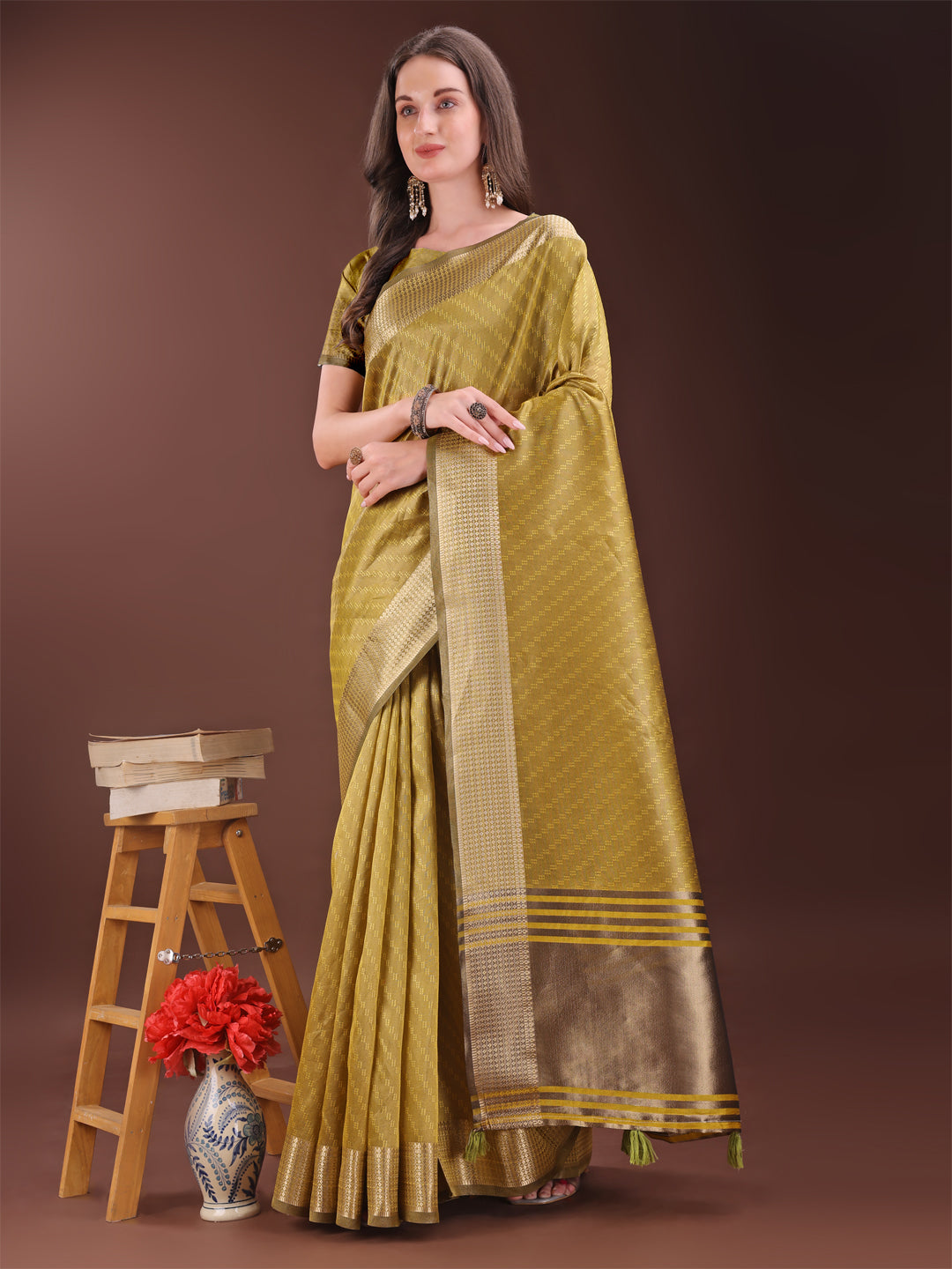 Mustard Organza Saree with Rich Golden Zari Border and Blouse Piece
