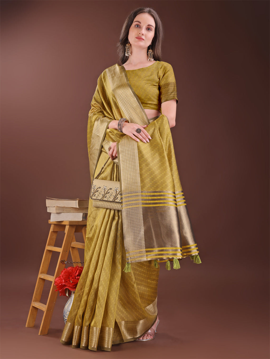 Mustard Organza Saree with Rich Golden Zari Border and Blouse Piece