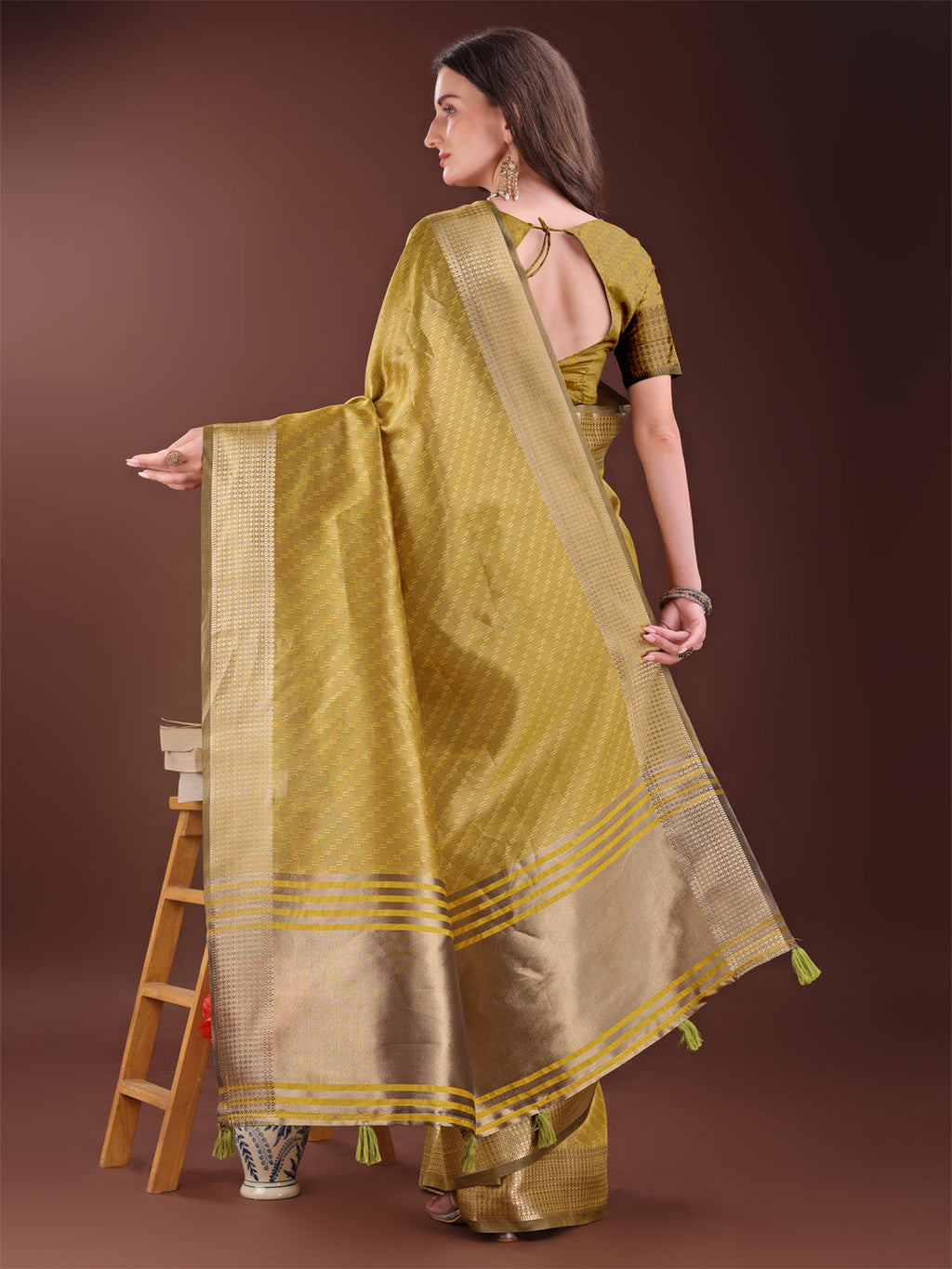 Mustard Organza Saree with Rich Golden Zari Border and Blouse Piece