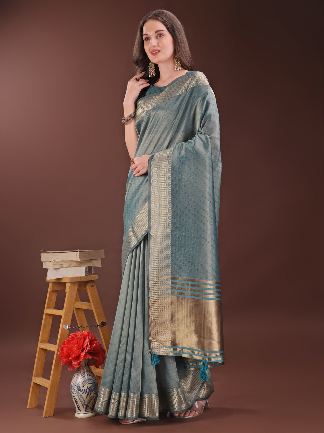 Sea Green Organza Saree with Golden Zari Border