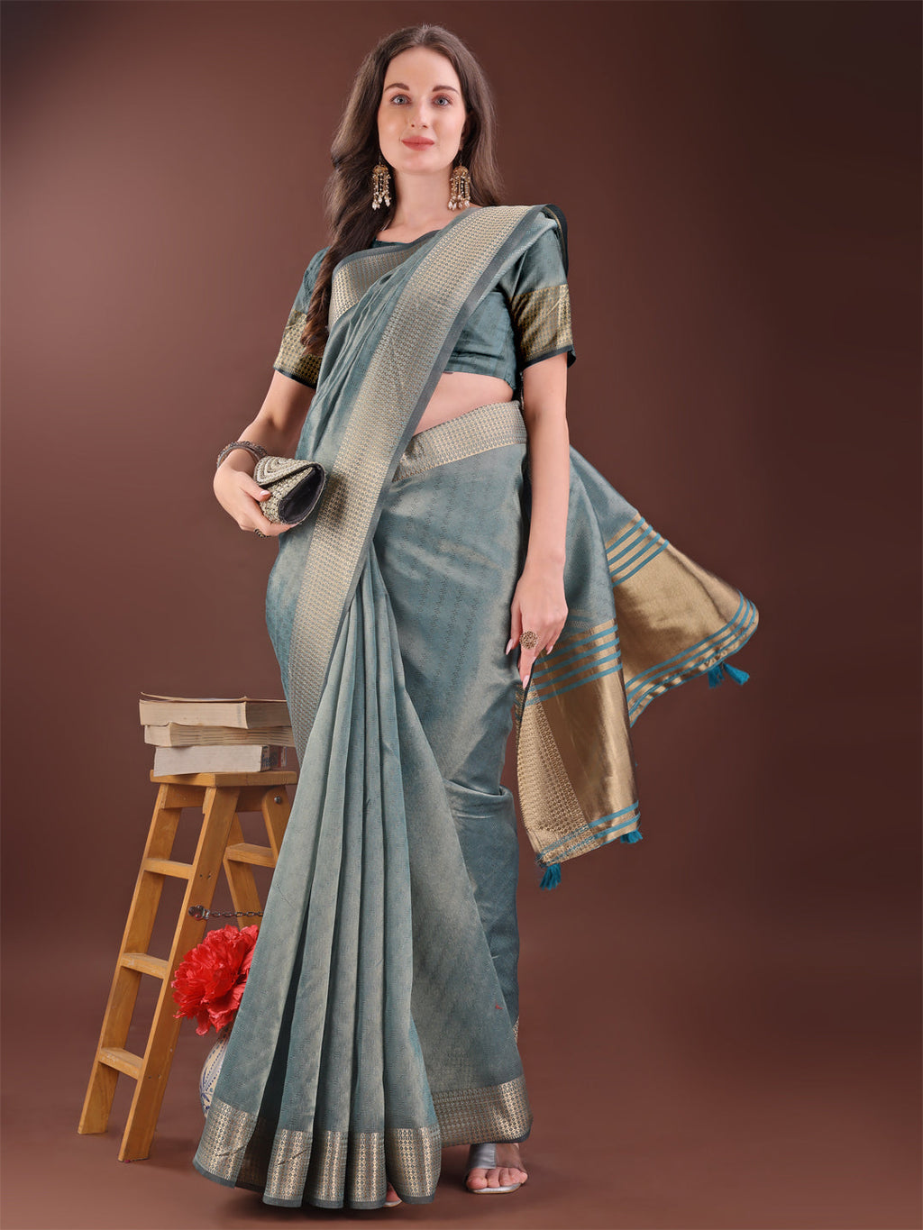 Sea Green Organza Saree with Golden Zari Border