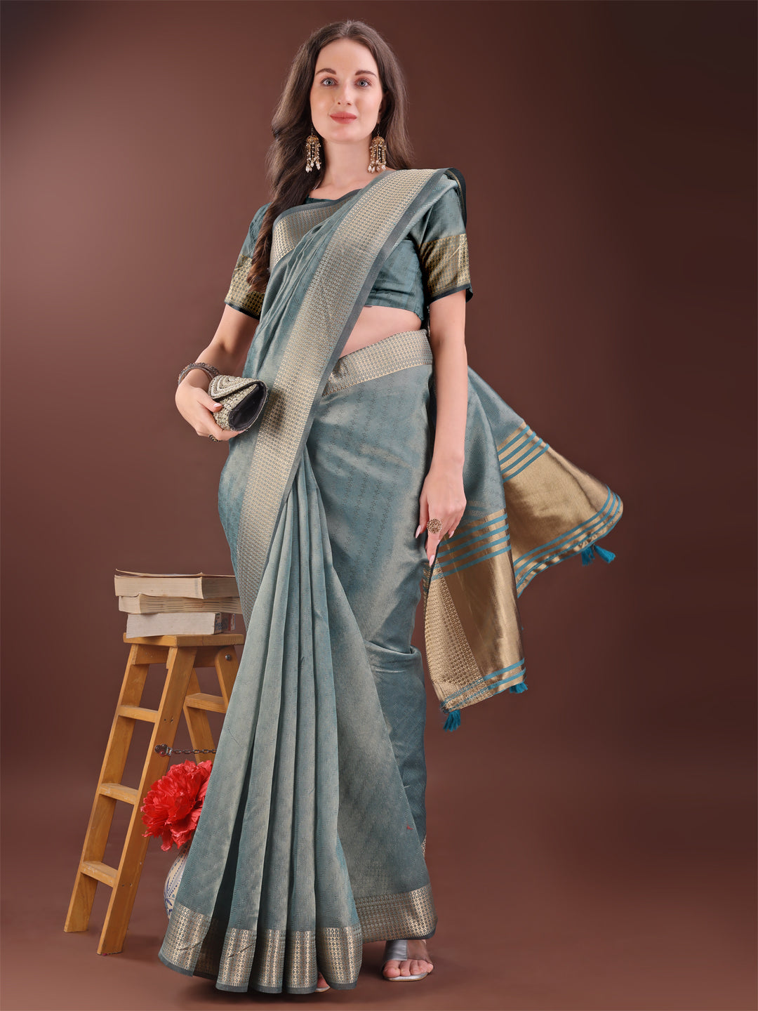 Sea Green Organza Saree with Golden Zari Border