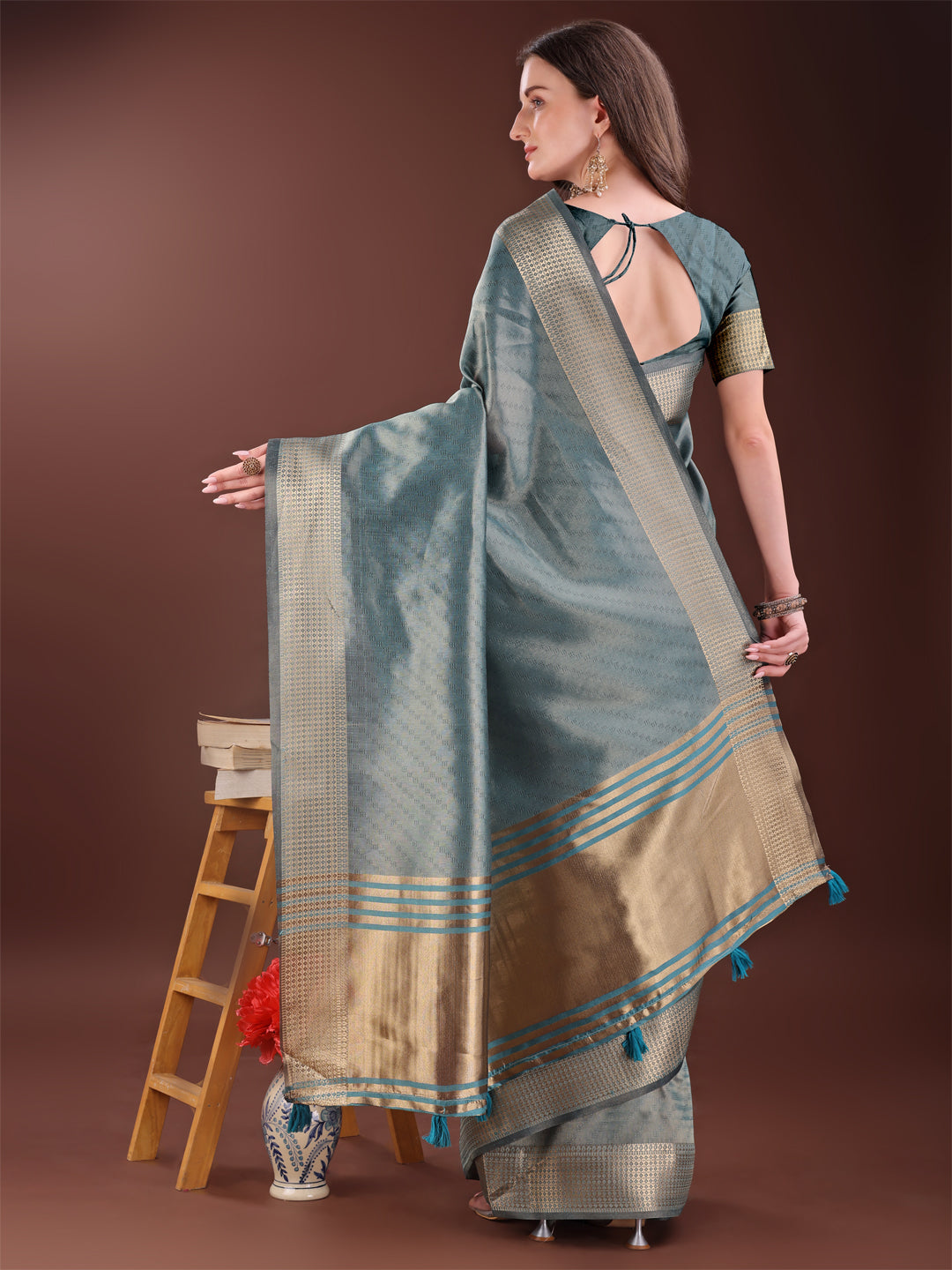Sea Green Organza Saree with Golden Zari Border