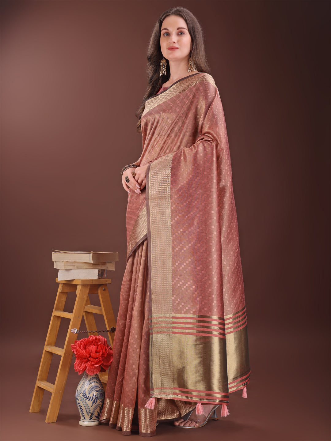 Peach Organza Saree with Golden Zari Border and Blouse