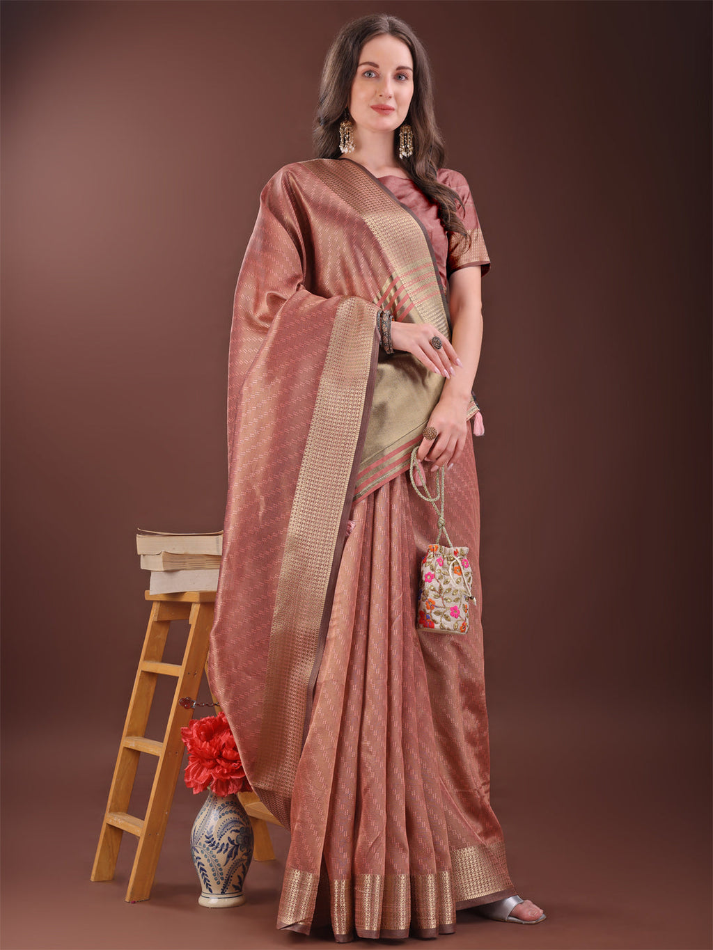 Peach Organza Saree with Golden Zari Border and Blouse