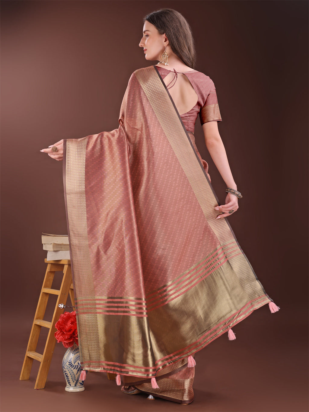 Peach Organza Saree with Golden Zari Border and Blouse