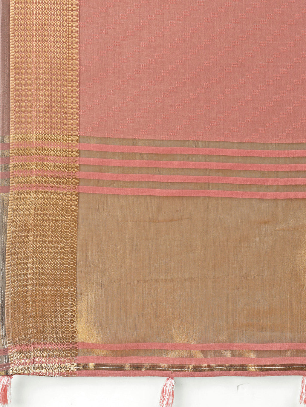 Peach Organza Saree with Golden Zari Border and Blouse