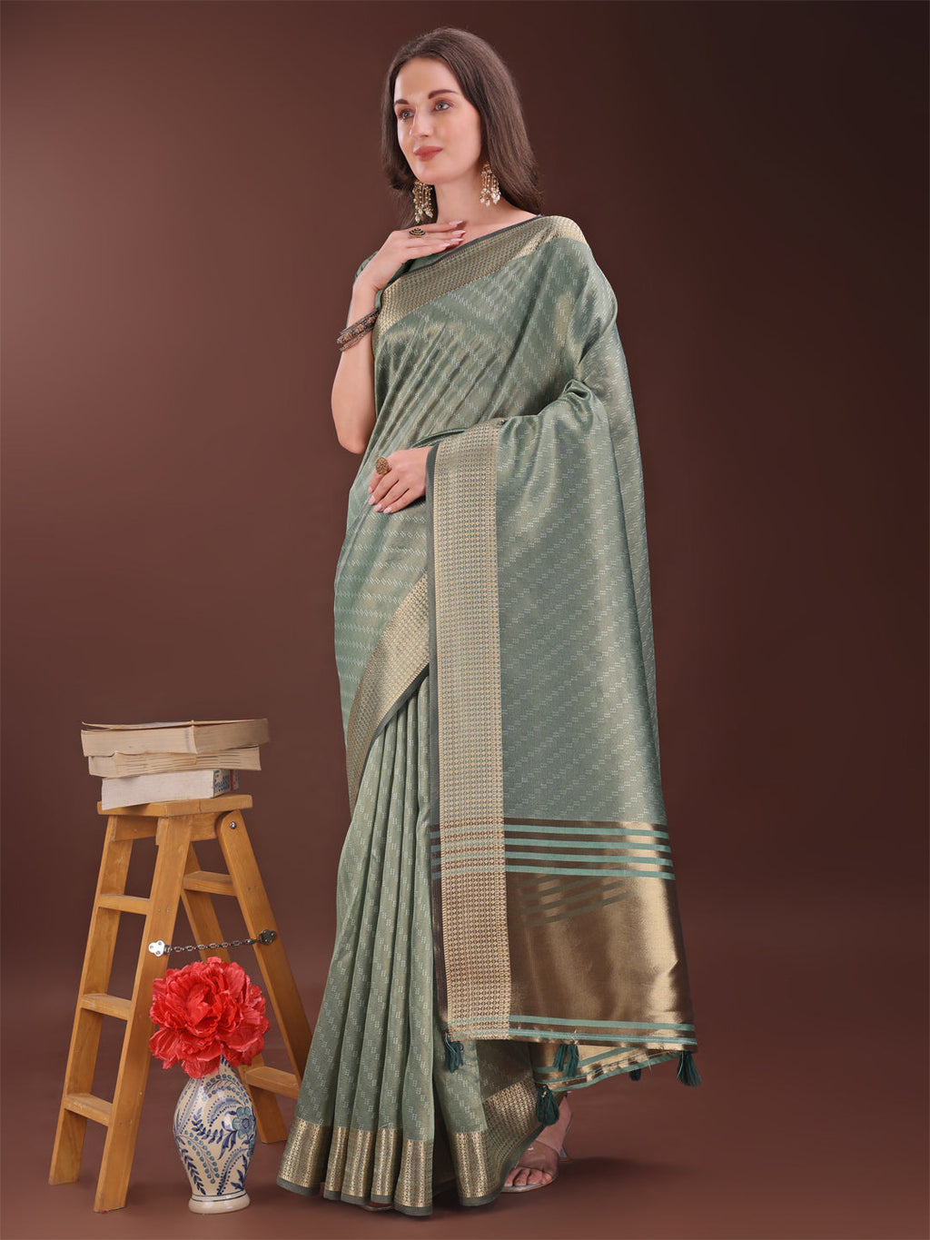 Green Organza Saree with Rich Golden Zari Border