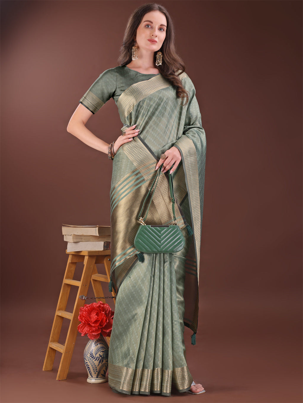 Green Organza Saree with Rich Golden Zari Border