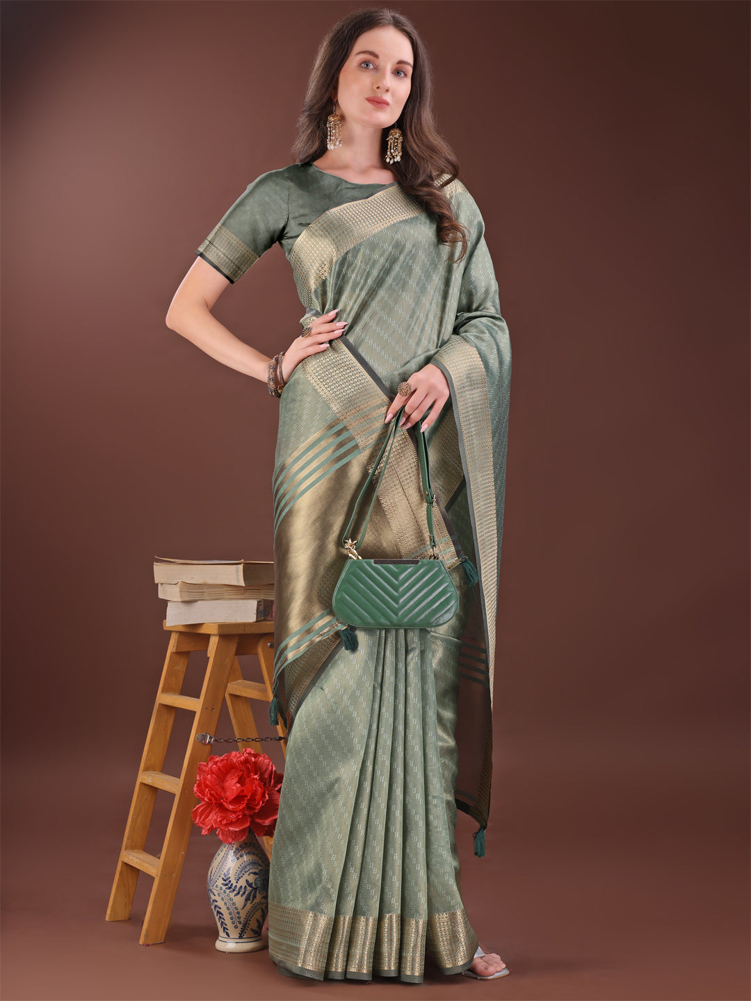 Green Organza Saree with Rich Golden Zari Border