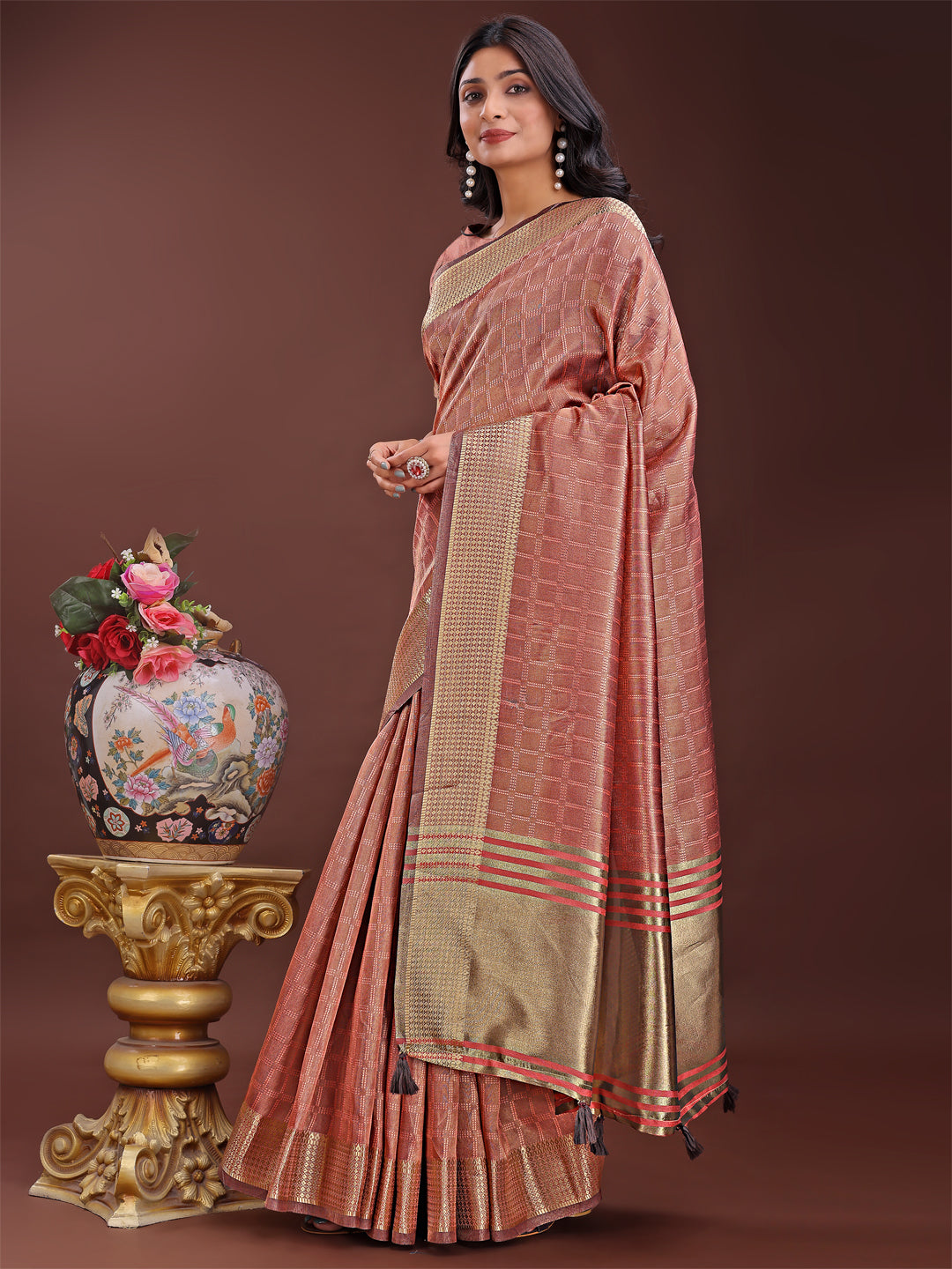Peach Organza Saree with Golden Zari Border and Blouse