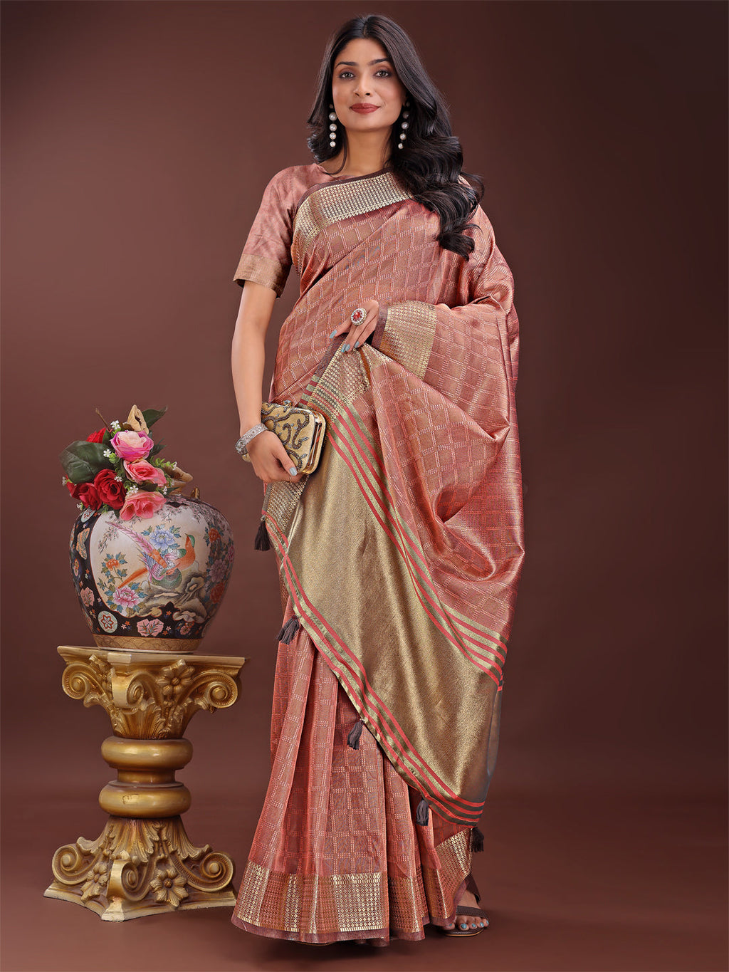 Peach Organza Saree with Golden Zari Border and Blouse