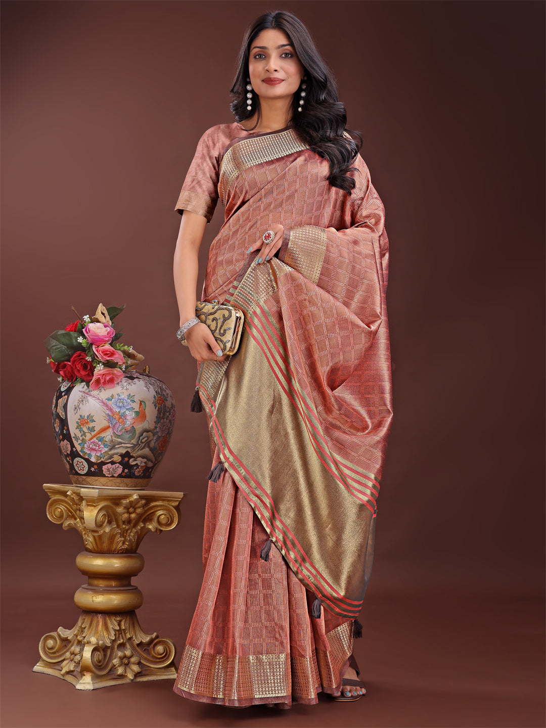 Peach Organza Saree with Golden Zari Border and Blouse